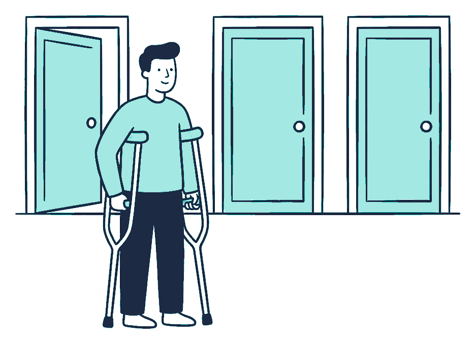 A person on crutches stands in front of a wall with three separate closed doorways