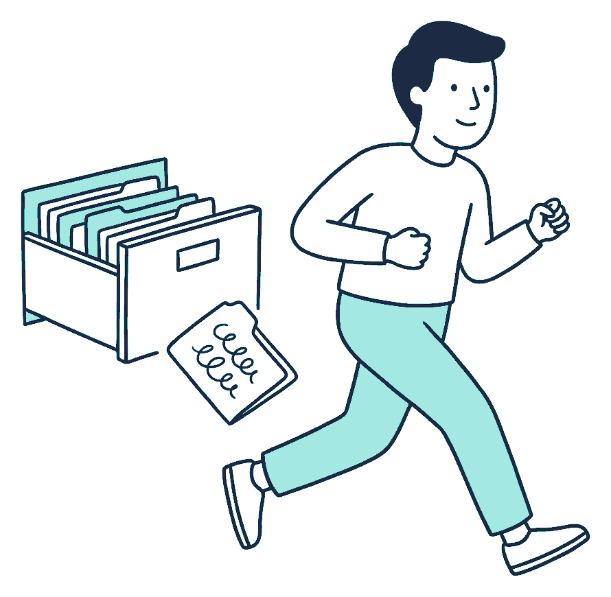 A person hurries past an open filing drawer, letting a folder covered in squiggly scribble lines slip unnoticed to the floor