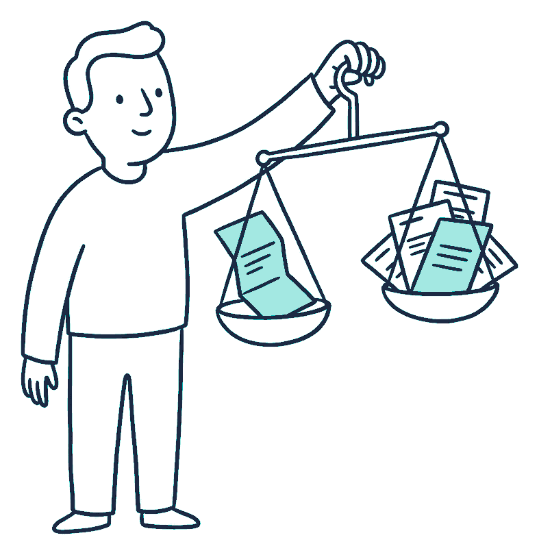 A person holds a hand balance scale, a single payslip on one pan and a heap of household bills on the other