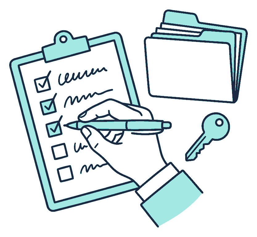 A hand ticks boxes down a clipboard of squiggly scribble lines, folders and a house key beside it
