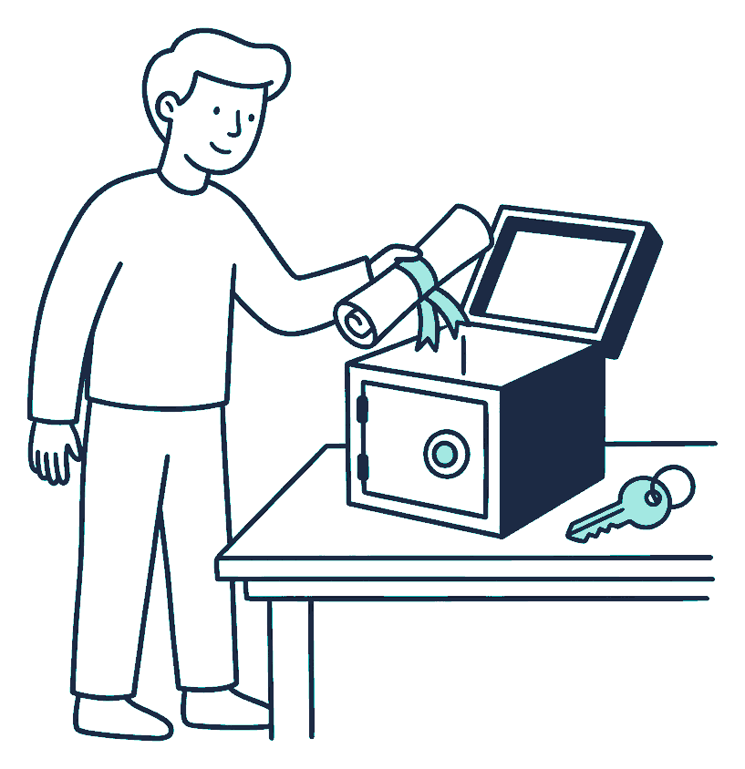 A person lowers a rolled document tied with ribbon into an open strongbox on a table, a house key beside it