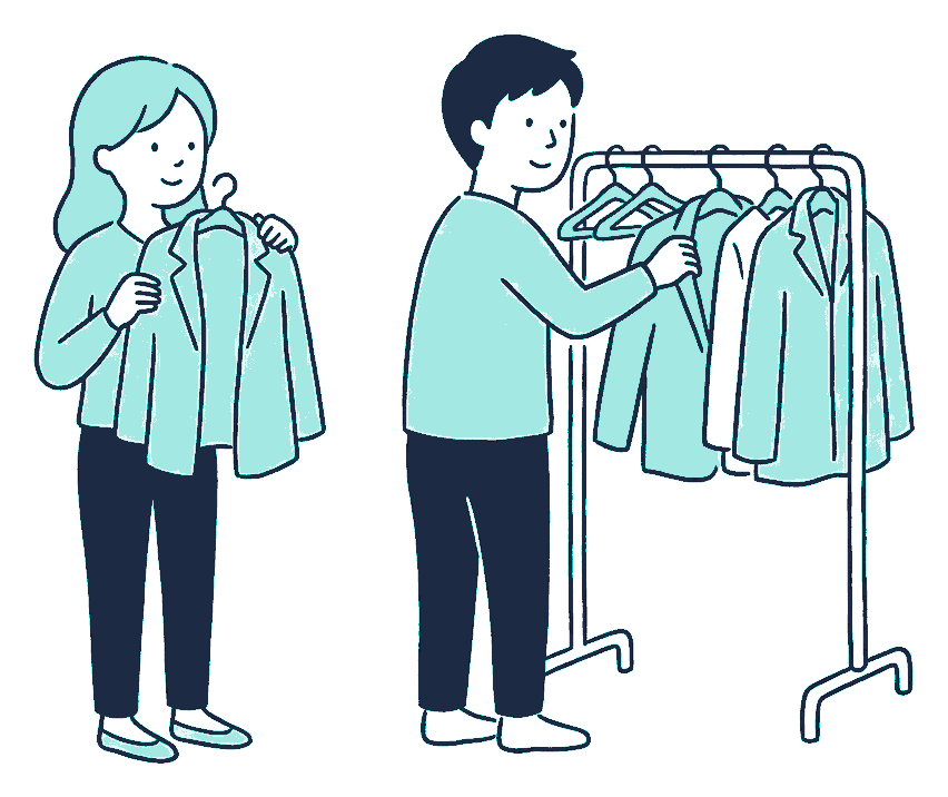 Two people try on jackets from a rack, one holding a jacket against their shoulders to check fit