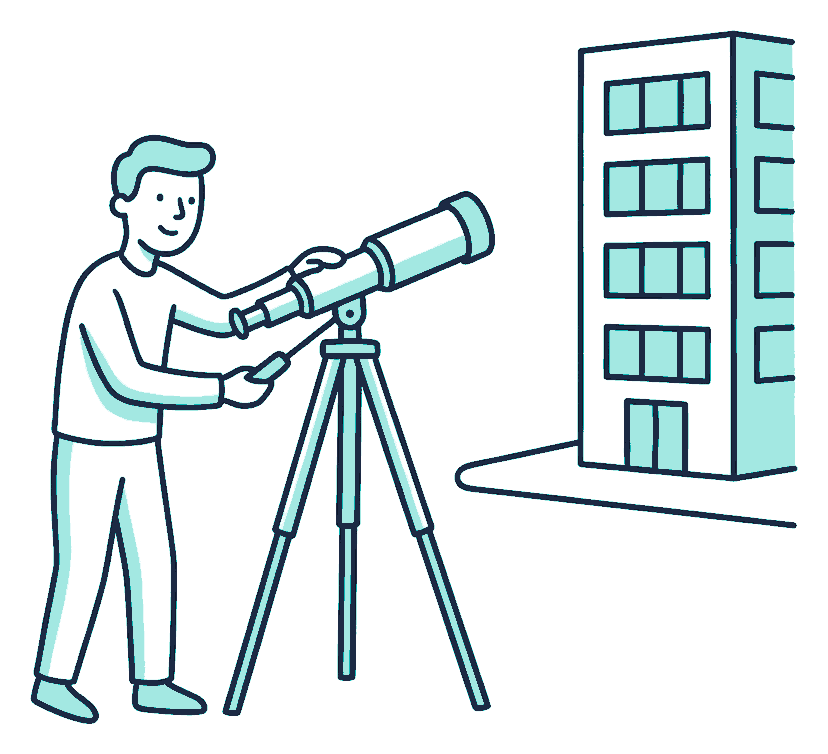 A person adjusts a tripod telescope aimed across at a plain multi-storey office block on the far side of a street