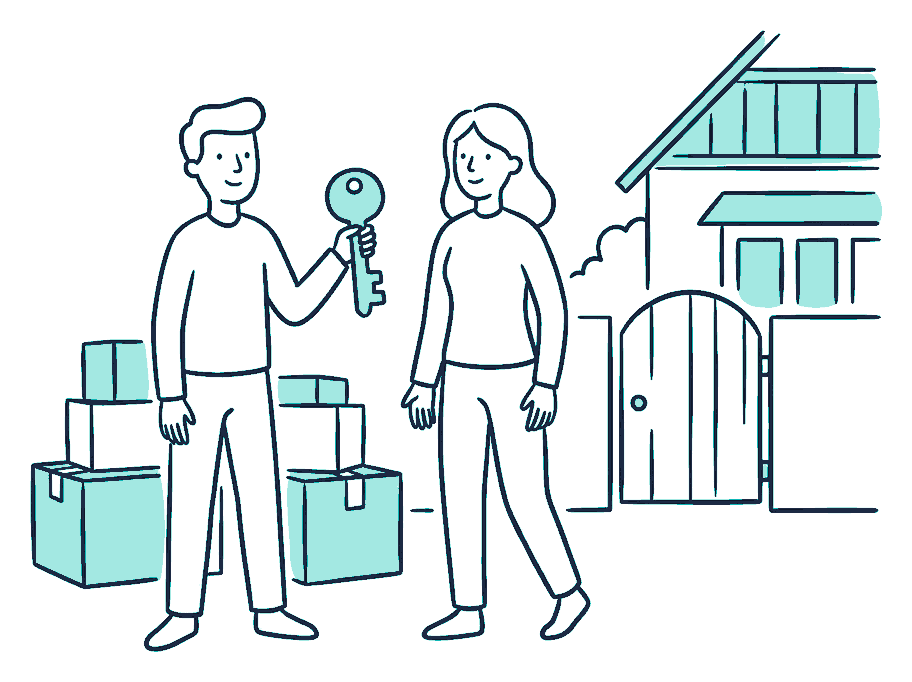 Two people stand at the gate of a small house, one holding up a single large key, moving boxes stacked behind them