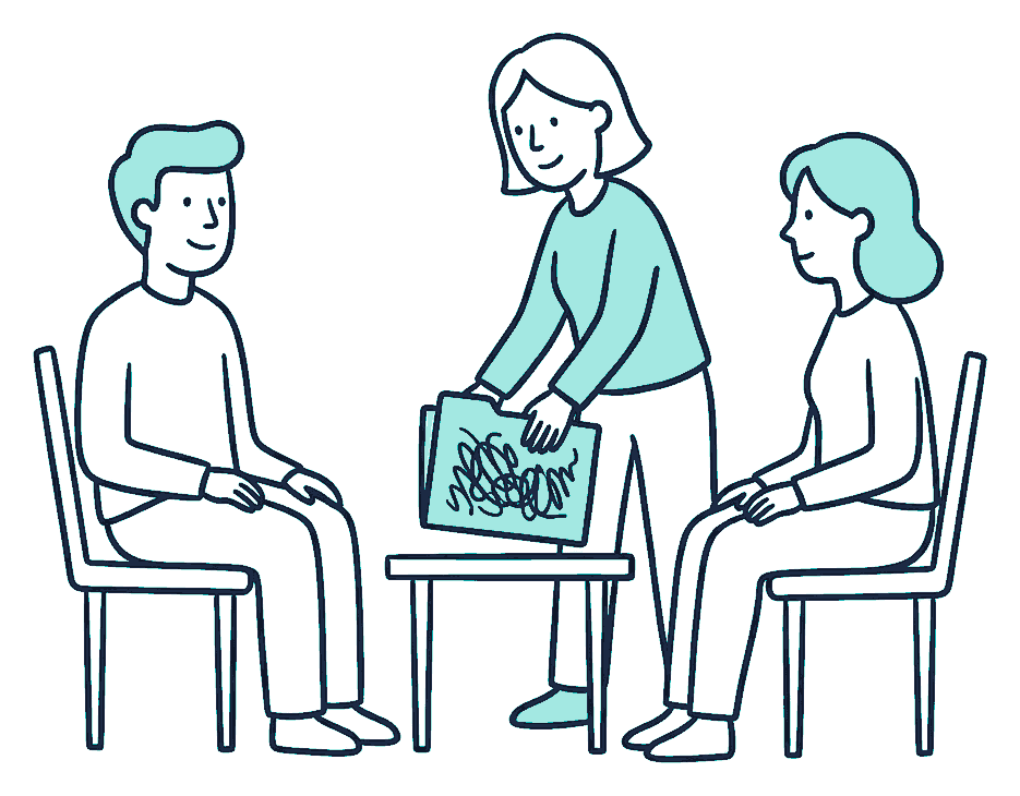Two people sit in facing chairs as a mediator lays a file covered in squiggly scribble lines between them