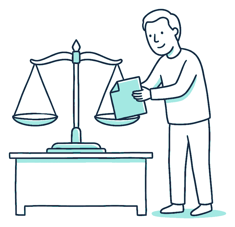 A person carefully places a folded document onto one pan of a large balance scale sitting on a desk
