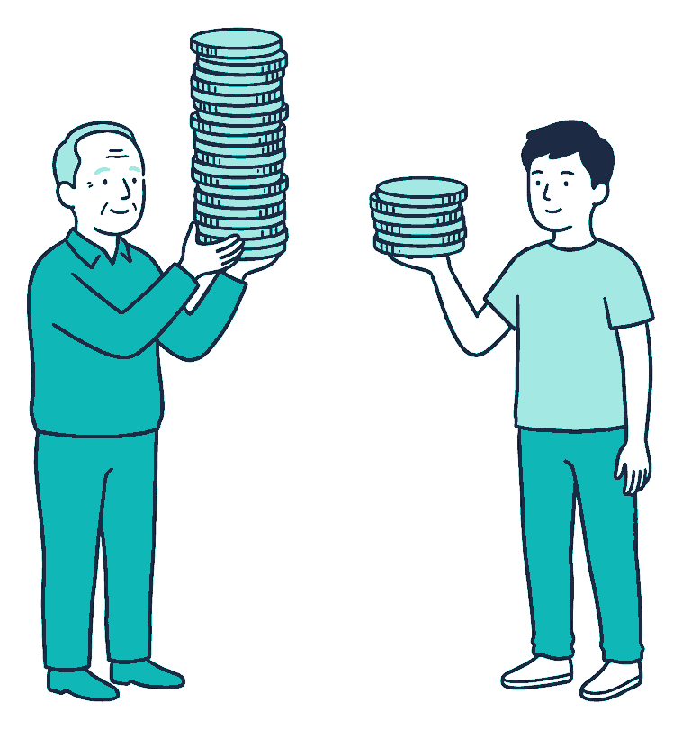 An older man and a younger man each hold up a stack of coins, one far taller