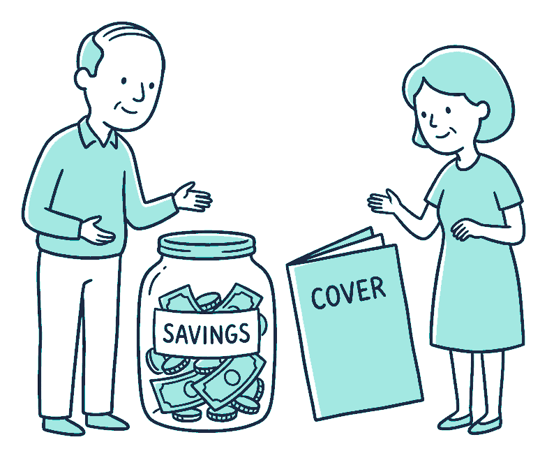 An older couple weighing a savings jar against a funeral cover policy