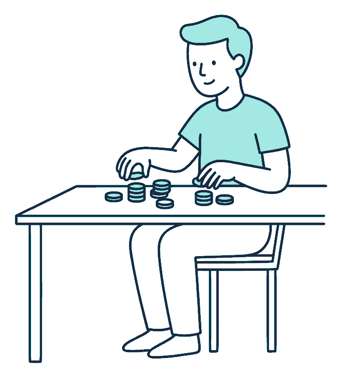 A freelancer divides a handful of coins into three uneven piles across a kitchen table