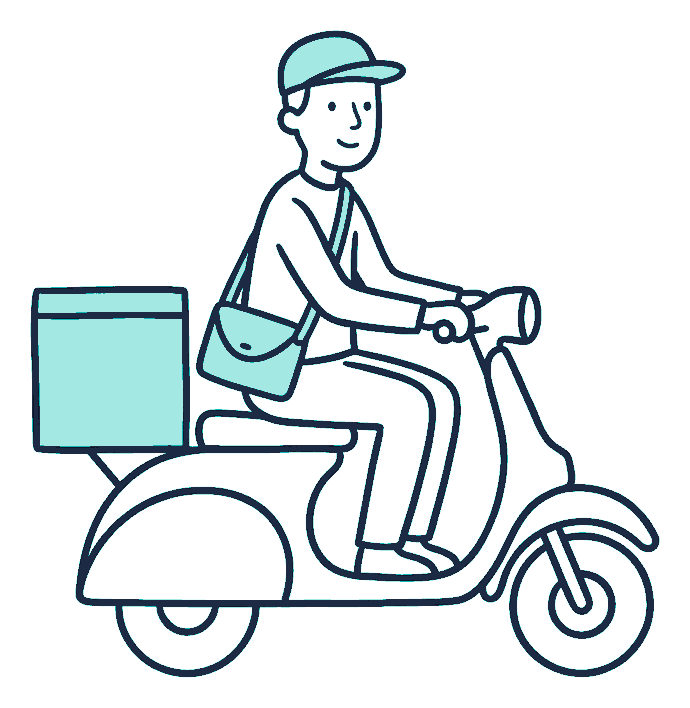 A courier rides a delivery scooter with a square box on the back and a laptop bag slung across their shoulder