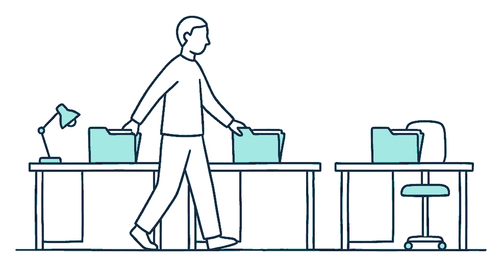 A manager walks along a row of three desks placing an identical folder on each one