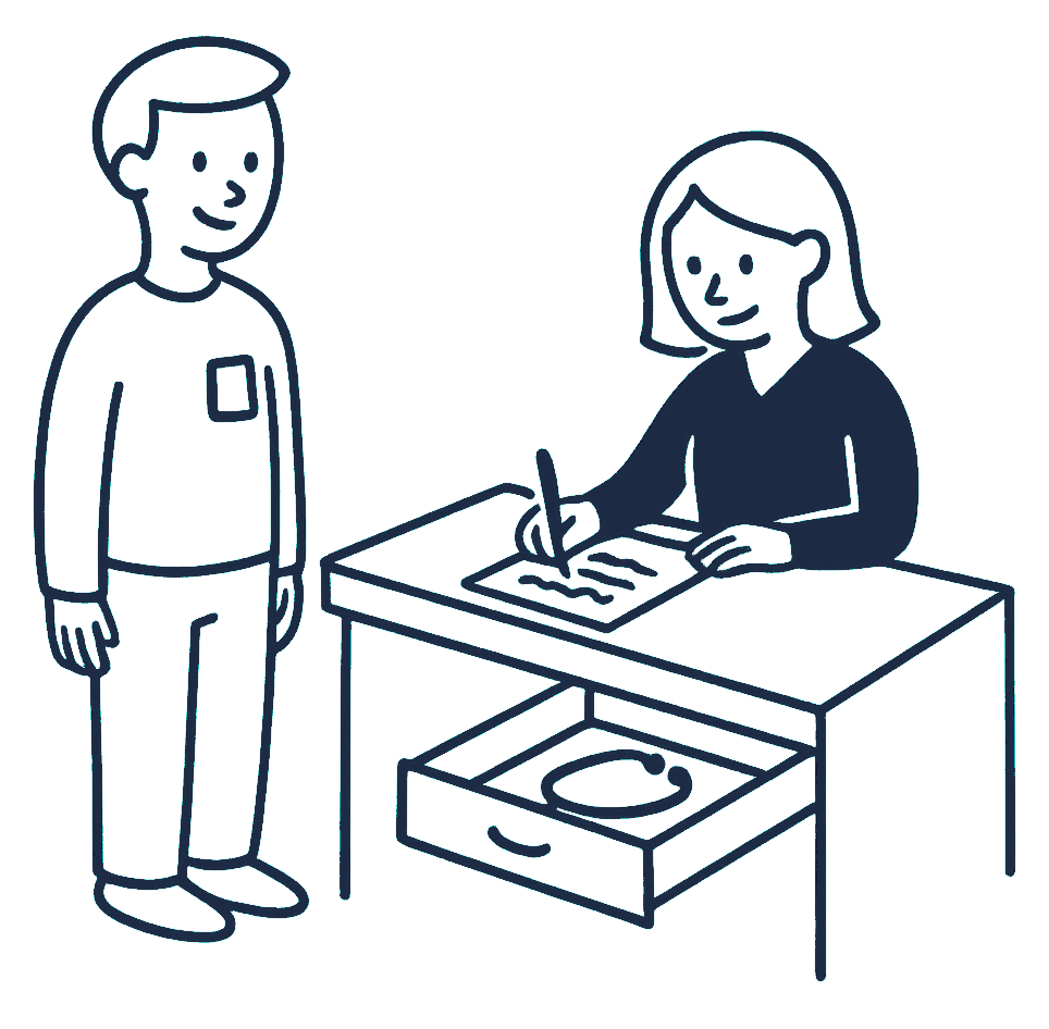 A new staff member signs a one-page enrolment form at reception while a stethoscope sits unused in an open drawer beside the desk