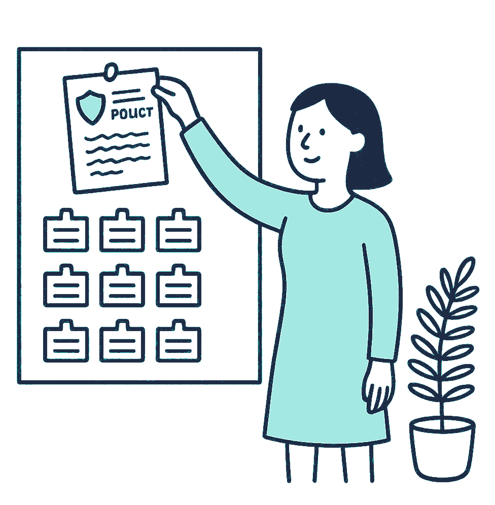 An office manager pins a single insurance policy folder above a row of ten identical name tags on a noticeboard, a fern frond in a pot nearby