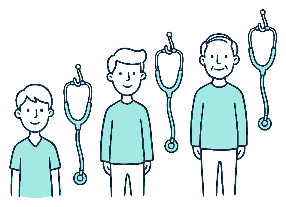 Three people of increasing age beside stethoscopes hung at rising heights