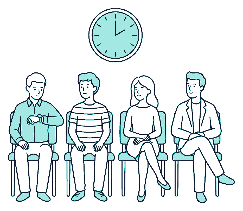Four people wait on a row of chairs beneath a large plain wall clock, one glancing at their wrist