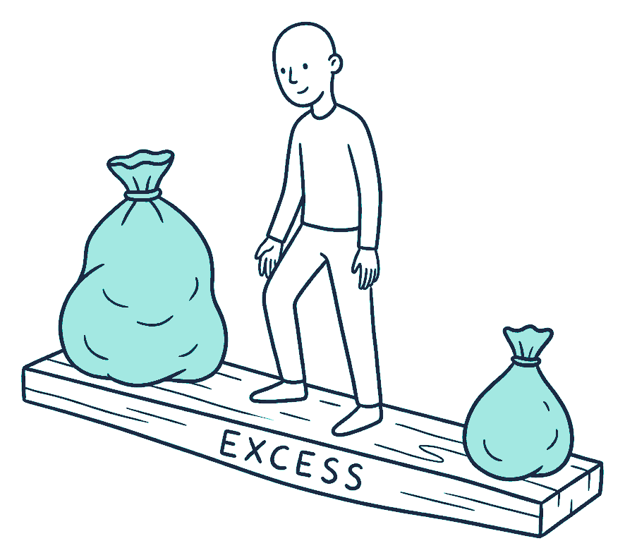 A person balancing on a plank marked excess between a small and a large sandbag
