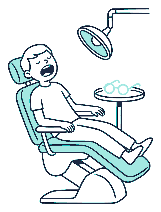 A child in a dentist's chair opens wide while a new pair of spectacles waits on the tray