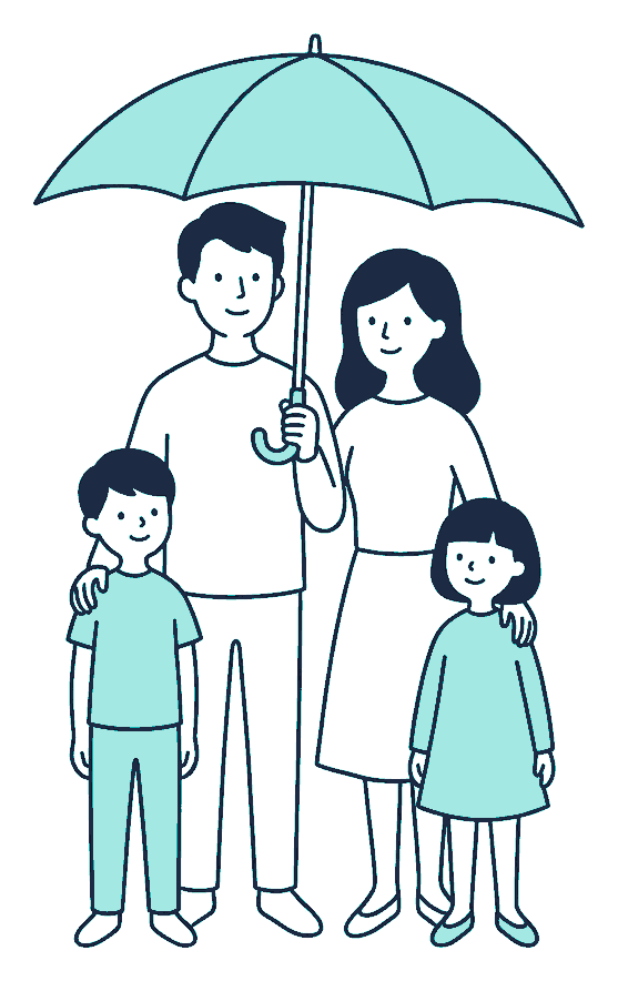 Two parents and two children stand close together beneath one large open umbrella held above them