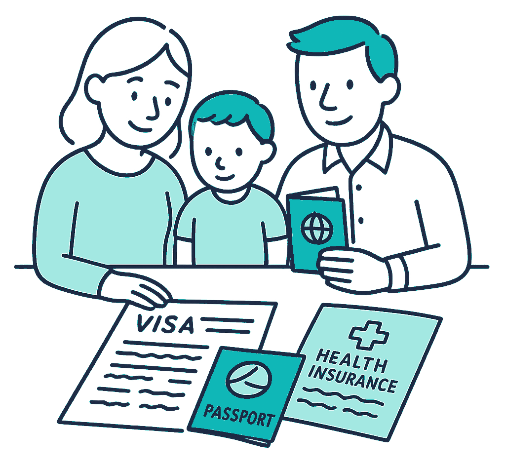 A migrant family at a kitchen table reviewing a passport, a visa letter and a health insurance brochure together