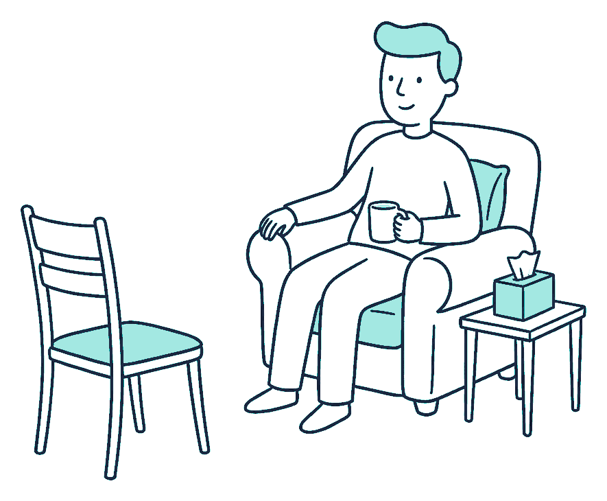 A person sits in an armchair holding a mug, facing an empty chair, a tissue box on the side table