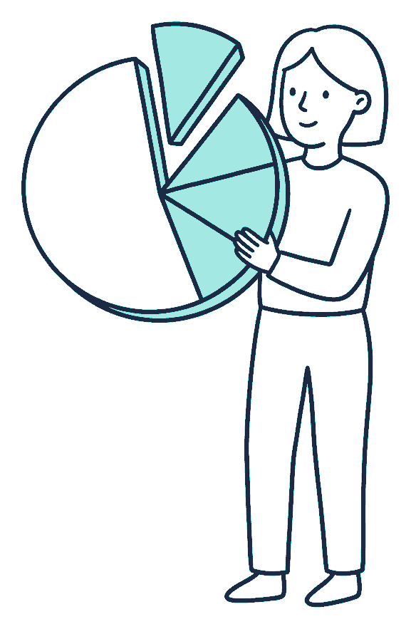 A person holds up a large round pie chart with one wedge lifted clear of the disc