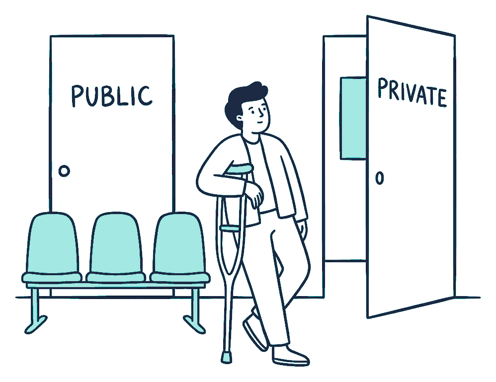 A person leaning on a crutch looks between two clinic doors, one marked PUBLIC with a row of empty waiting chairs, the other marked PRIVATE and standing open