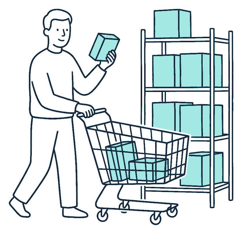 A shopper pushes a trolley past a shelf of identical boxes, lifting one down to inspect it