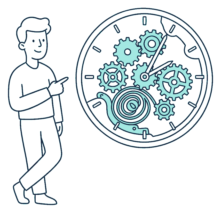 A person pointing at the gears and spring inside a cutaway clock face