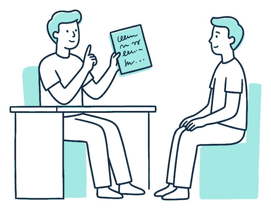 A client sits across a desk holding up a notepad covered in squiggly scribble lines, one finger raised
