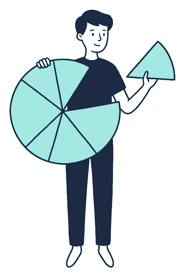 A person holds up a large pie chart with one slice lifted clear of the rest in their other hand