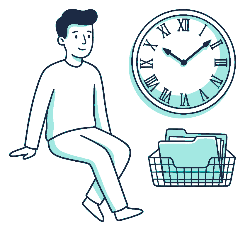A man sits beside a large wall clock with a document tray holding one lone waiting folder