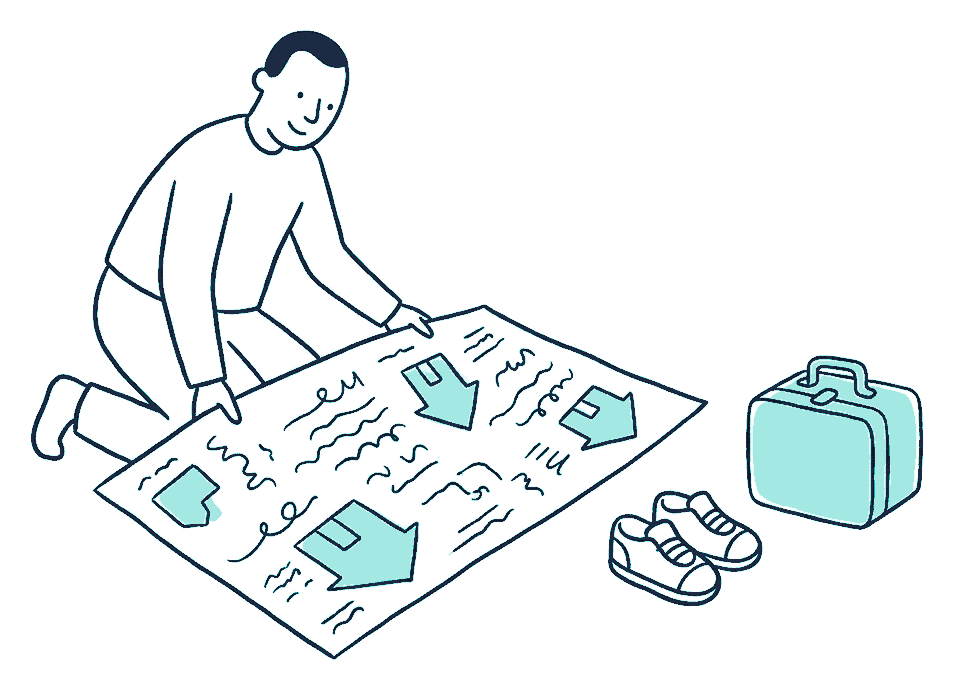 A person kneels to spread a large mortgage document covered in squiggly scribble lines beside children's shoes and a lunchbox