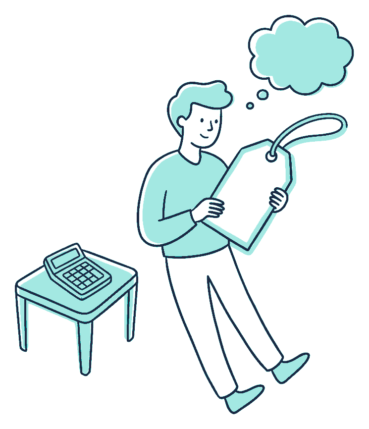 A person holding a blank price tag beside a calculator, working out the cost