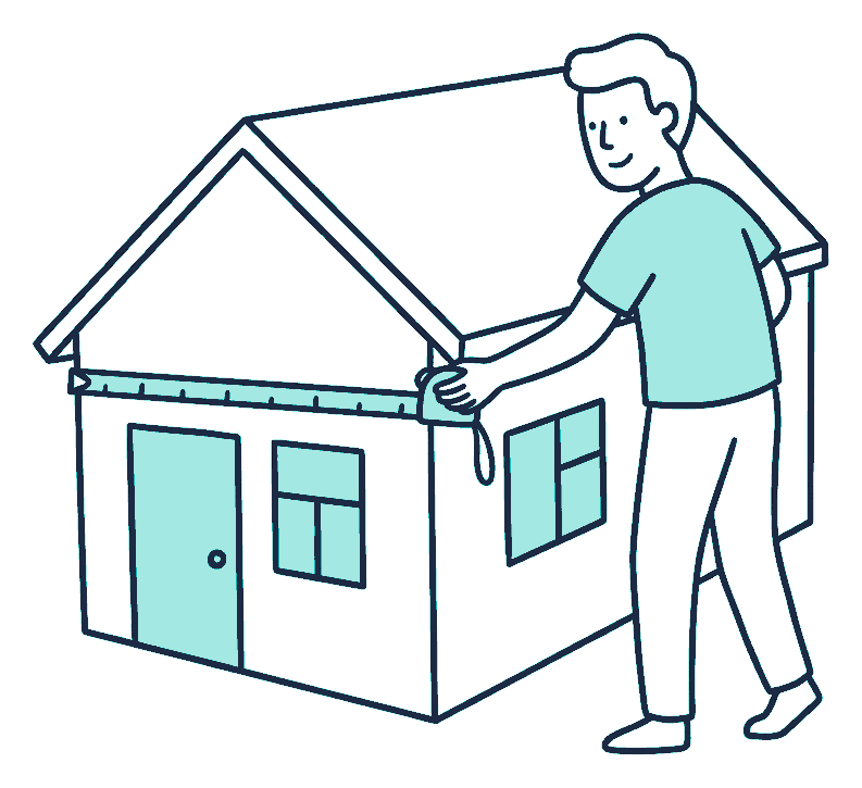 A person stretches a long tape measure across the front wall of a small family house, reading the mark
