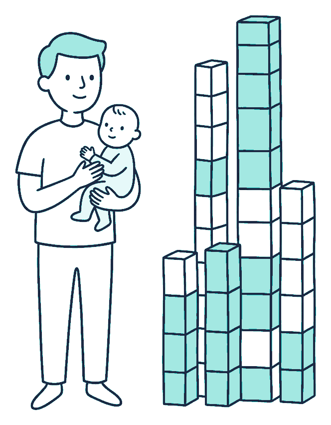 A parent holding a baby stands beside a bar chart of stacked blocks that climbs far above their head