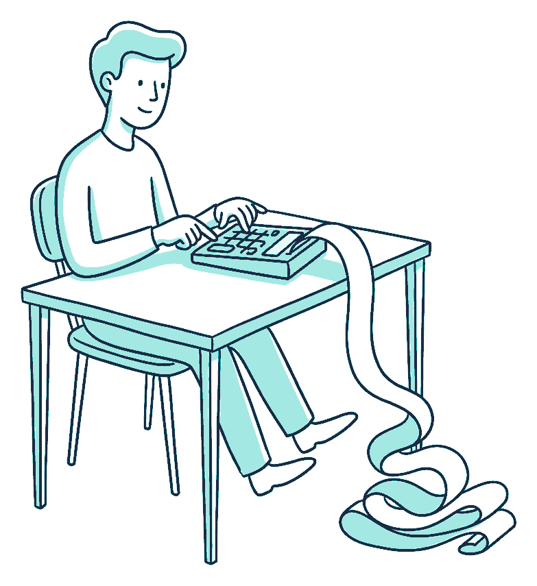 A person working a calculator with a long paper tape spilling onto the floor