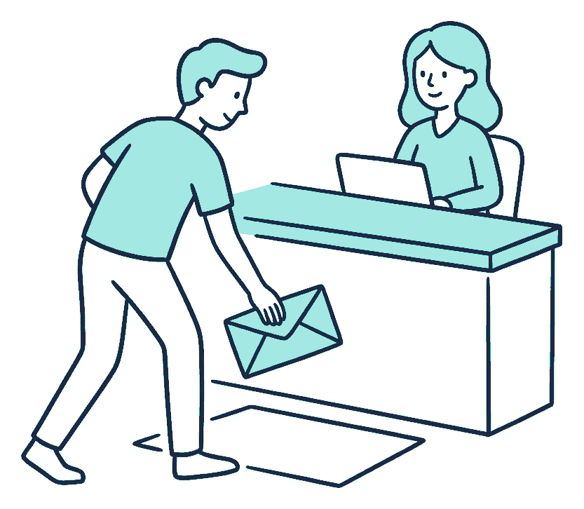 Someone lifts a returned envelope from a doormat and carries it toward a counter where a reviewer waits