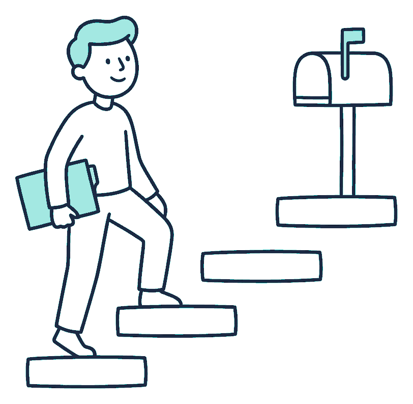 A person climbs three wide steps carrying a document folder toward a mailbox at the top