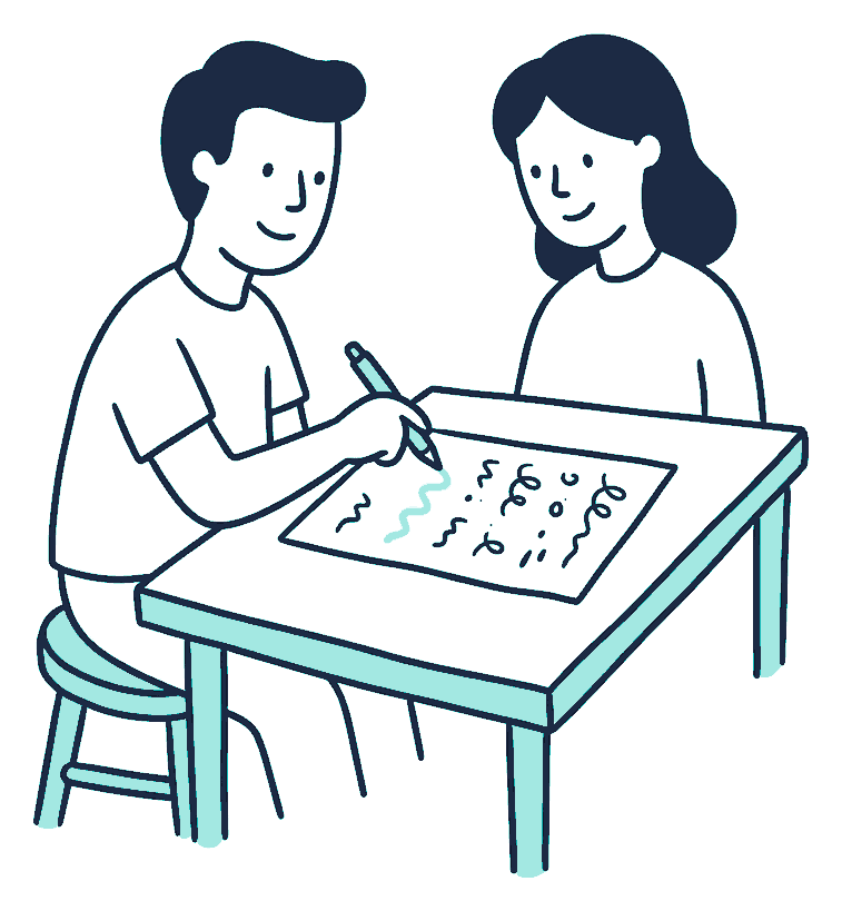 Two people sit at a desk while one traces a line down a scribble-covered document with a pen