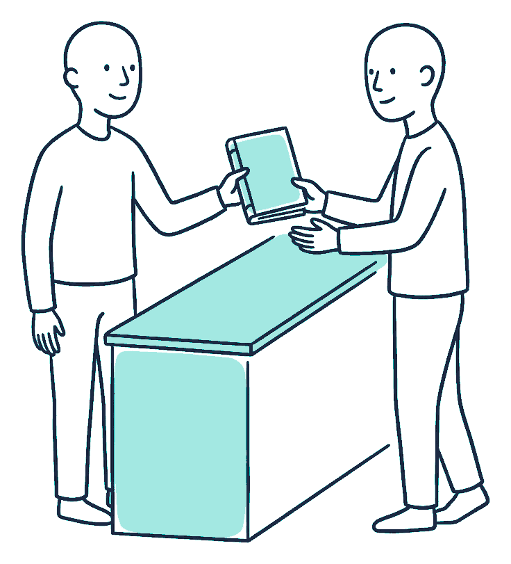 A clerk passes a bound booklet across a counter to a waiting customer who holds out both hands