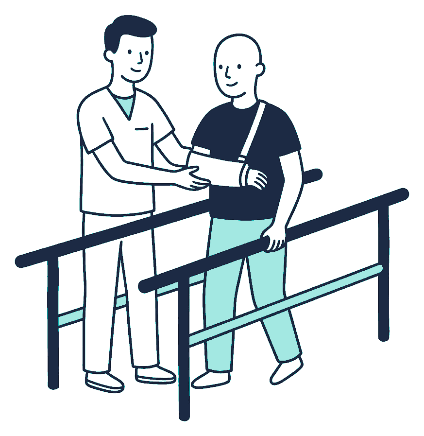 A physiotherapist steadies a man with one arm in a sling as he walks between parallel bars