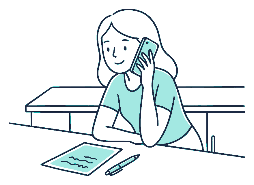 A woman leans on her kitchen bench holding a phone to her ear, a claim form and pen in front of her