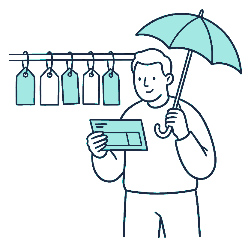 A worker holding a payslip and an umbrella beside a rail of price tags