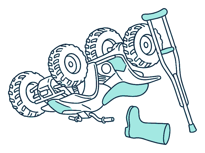 An overturned quad bike lies in a paddock beside a dropped gumboot and a leaning wooden crutch