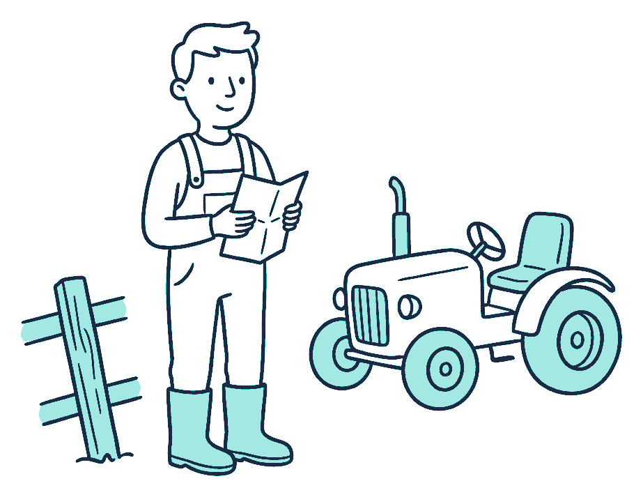 A farmer in gumboots holding a document beside a tractor and a fence post