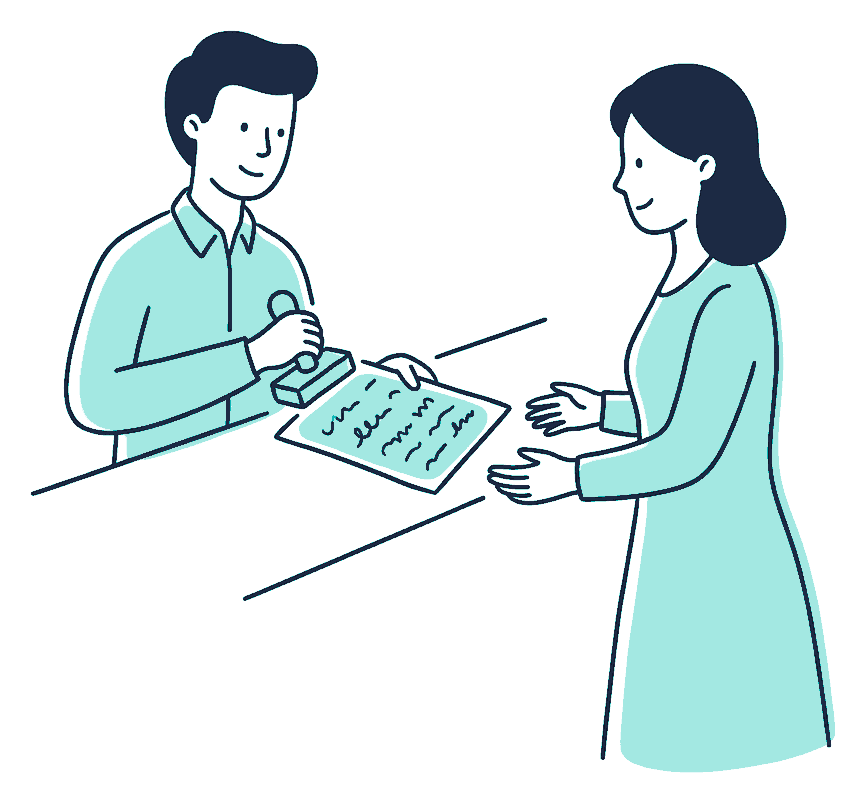 A claims officer stamps a page covered in squiggly scribble lines and passes it to a woman waiting at the counter