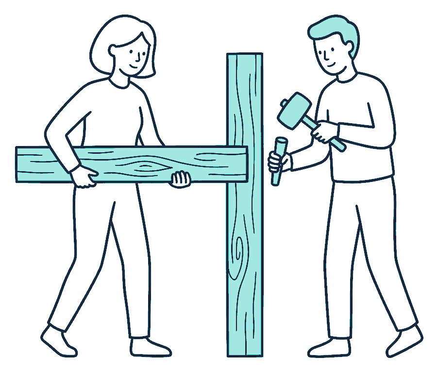 Two workers slot timber beams into a frame, one holding it level while the other pegs the joint