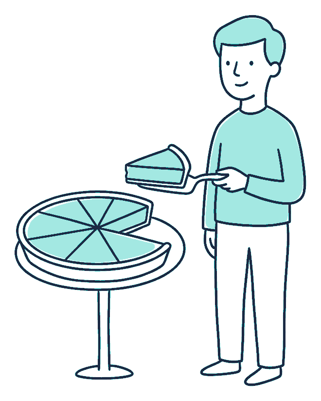 A person lifting one wedge out of a round pie on a stand