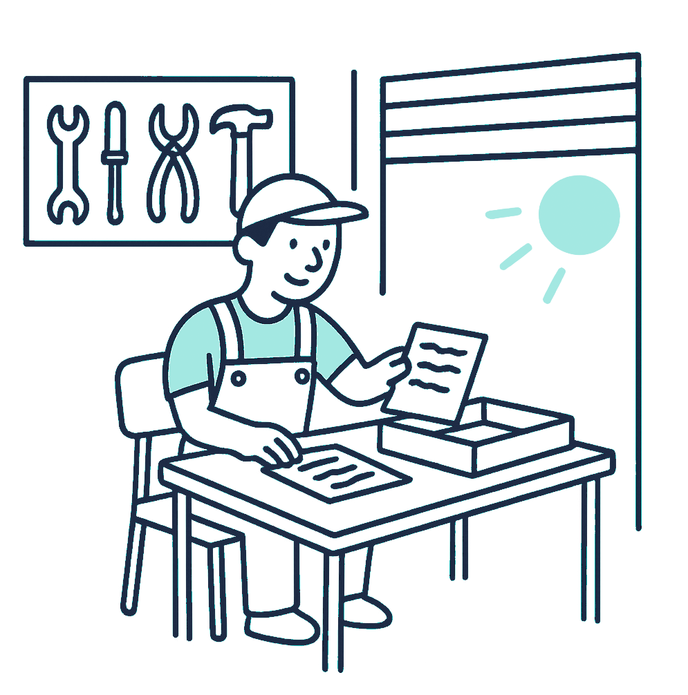 A self-employed tradesperson sits at a small desk in a garage workshop, sorting paper invoices into two trays