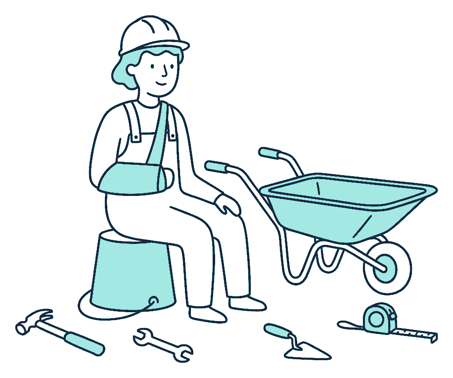 A builder with an arm in a sling sits on an upturned bucket beside an idle wheelbarrow and scattered tools